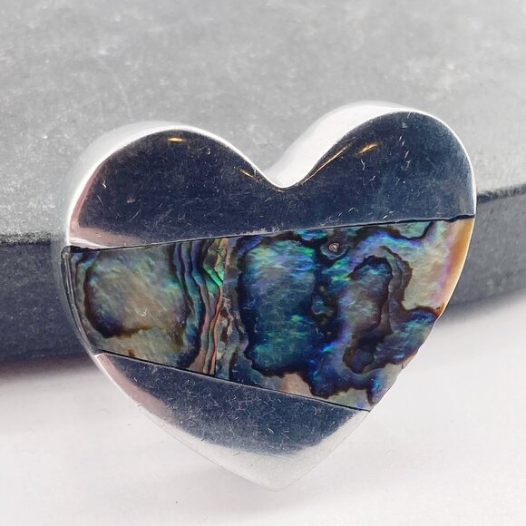 VINTAGE Thick silver tone metal heart brooch inlaid w/ genuine abalone shell pin - Picture 6 of 7